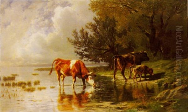 Kuhe Bei Der Tranke Oil Painting by Charles (Jean-Ch. Ferdinand) Humbert