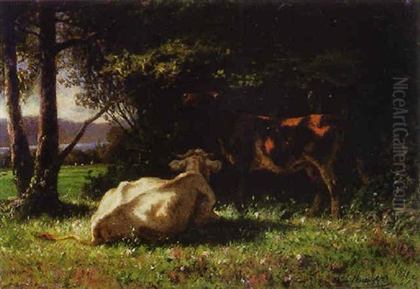 Kuhe Auf Der Weide Oil Painting by Charles (Jean-Ch. Ferdinand) Humbert