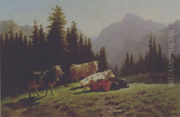 Kuhe Auf Der Alm Oil Painting by Charles (Jean-Ch. Ferdinand) Humbert