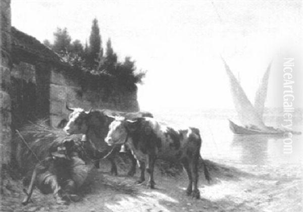 Paysage Au Bord Du Lac De Geneve, Avec Vaches Oil Painting by Charles (Jean-Ch. Ferdinand) Humbert