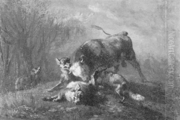 Stier, Von Wolfen Angegriffen Oil Painting by Charles (Jean-Ch. Ferdinand) Humbert