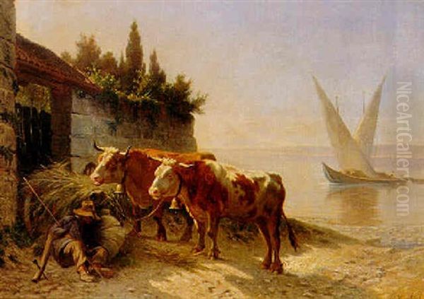 Schlafender Hirte Mit Kuhen Am Genfersee Oil Painting by Charles (Jean-Ch. Ferdinand) Humbert