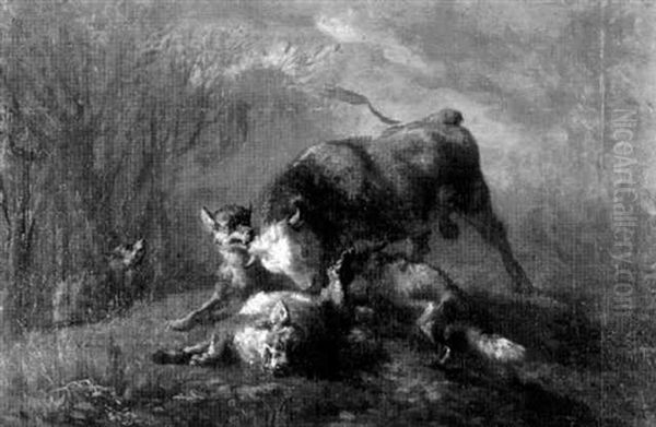 Stier, Von Wolfen Angegriffen Oil Painting by Charles (Jean-Ch. Ferdinand) Humbert