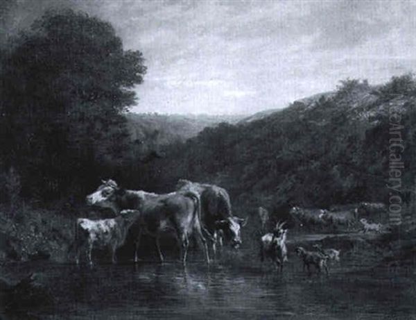 Vaches Au Bord De L'eau Oil Painting by Charles (Jean-Ch. Ferdinand) Humbert