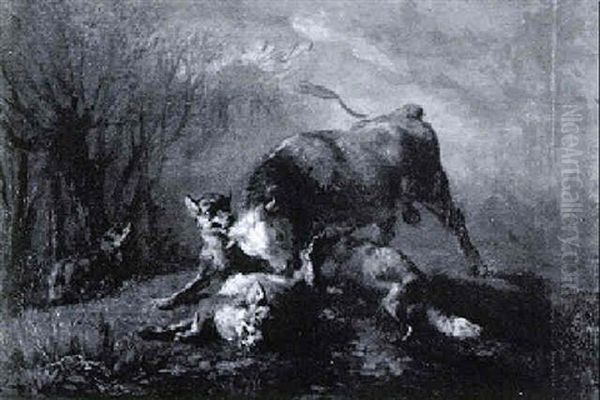 Stier, Von Woelfen Angegriffen Oil Painting by Charles (Jean-Ch. Ferdinand) Humbert