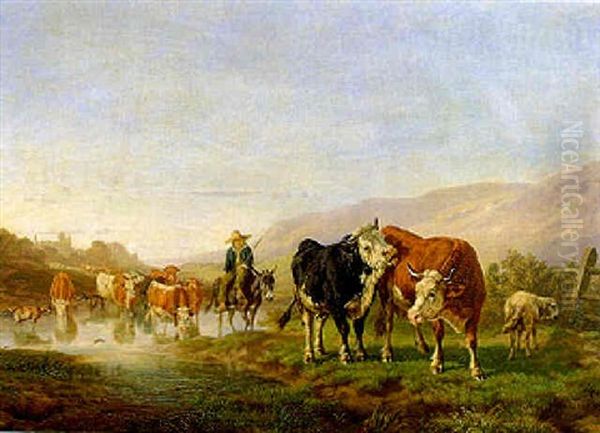 Hirte Mit Herde An Einer Furt Oil Painting by Charles (Jean-Ch. Ferdinand) Humbert