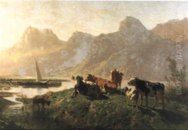 Kuhe Und Schafe Am Ufer Eines Bergsees Oil Painting by Charles (Jean-Ch. Ferdinand) Humbert