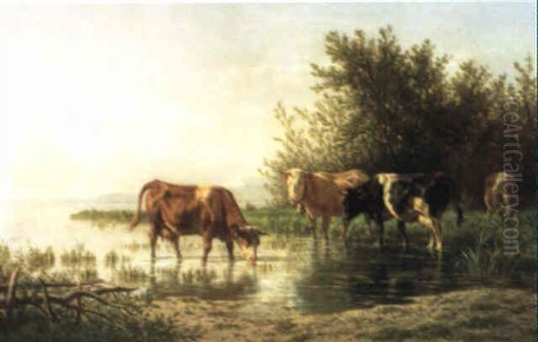 Kuhe Am Ufer Des Neuenburgersees Oil Painting by Charles (Jean-Ch. Ferdinand) Humbert