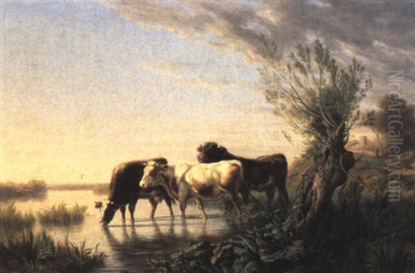 Kuhe An Der Tranke Oil Painting by Charles (Jean-Ch. Ferdinand) Humbert