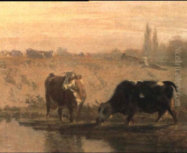 Zwei Kuhe An Der Tranke Oil Painting by Charles (Jean-Ch. Ferdinand) Humbert