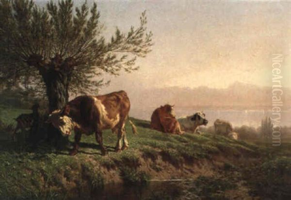 Kuhe Auf Einer Weide Am Ufer Eines Sees Oil Painting by Charles (Jean-Ch. Ferdinand) Humbert