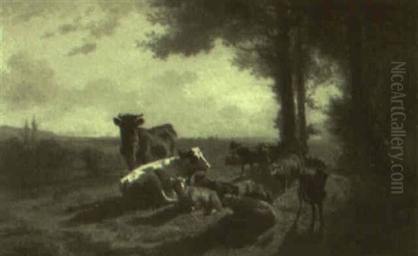 Cows And Goats At Evening Time Oil Painting by Charles (Jean-Ch. Ferdinand) Humbert