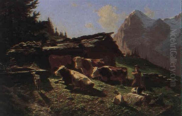 Chalet A Betail A La Mettlenalp Oil Painting by Charles (Jean-Ch. Ferdinand) Humbert