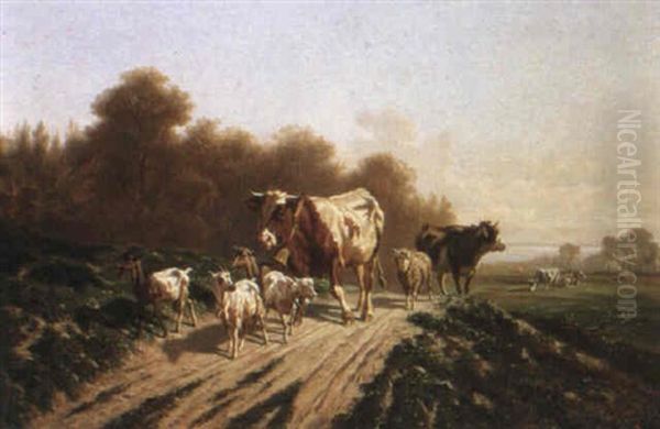 Rentree Des Vaches Et Moutons Oil Painting by Charles (Jean-Ch. Ferdinand) Humbert