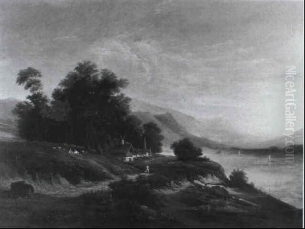 Gebirgslandschaft Mit Hutte Oil Painting by Charles (Jean-Ch. Ferdinand) Humbert