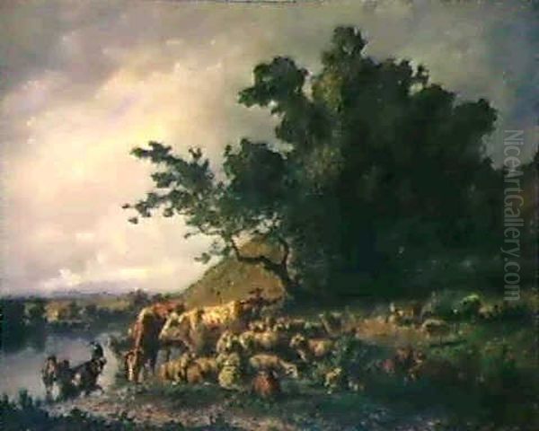 Schafe, Ziegen Und Kuhe Unter Eine Knorrigen Eiche Oil Painting by Charles (Jean-Ch. Ferdinand) Humbert