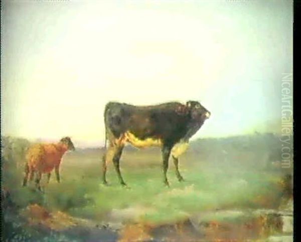 Landschaft Mit Stier Und Schaf Oil Painting by Charles (Jean-Ch. Ferdinand) Humbert