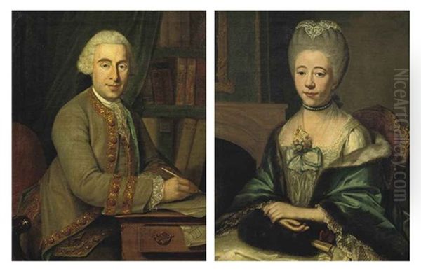 Portrait Of Jean Daniel De Loches (1731-1794) In A Gold-embroidered Green Coat... (+ Portrait Of Maria Josina Baldina Van Oldenbarnvelt...; Pair) Oil Painting by Jean Humbert