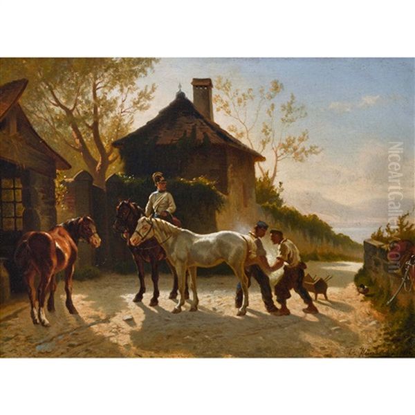 Beim Hufschmied Oil Painting by Wilhelm Linse Humbert