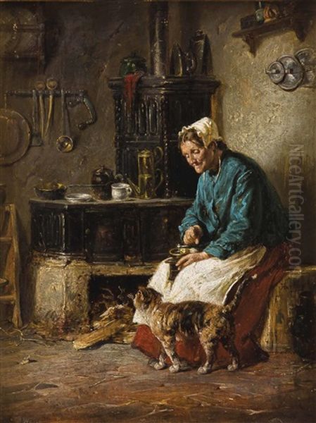 Bauerin Mit Kaffeemuhle Beim Kachelherd Sitzend Oil Painting by Adolf Humborg