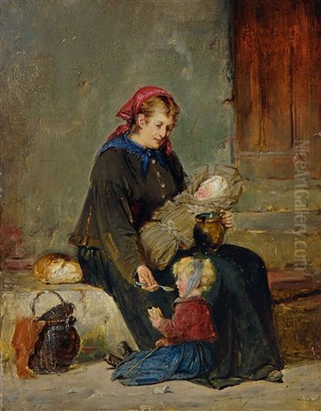 Mutter Mit Zwei Kleinen Kindern Oil Painting by Adolf Humborg