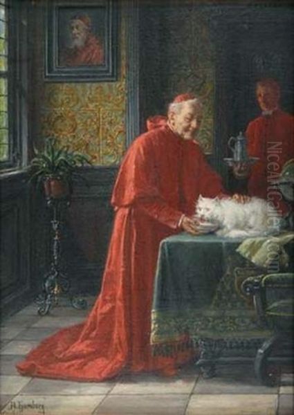 Cardinal Donnant Une Coupe De Lait A Son Chat, Munchen (+ Ange Dechu, Verso) Oil Painting by Adolf Humborg