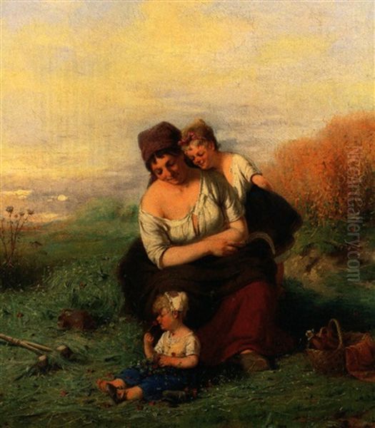 Rastende Junge Bauerin Mit Zwei Kindern Bei Der Ernte Oil Painting by Adolf Humborg