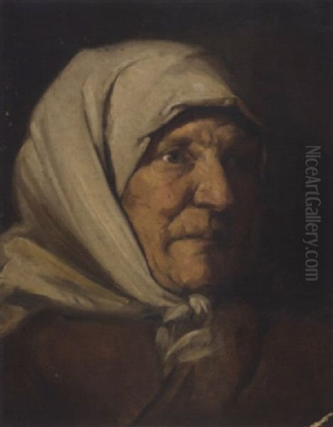 Portrait Of A Peasant Woman Wearing A Head Scarf Oil Painting by Adolf Humborg