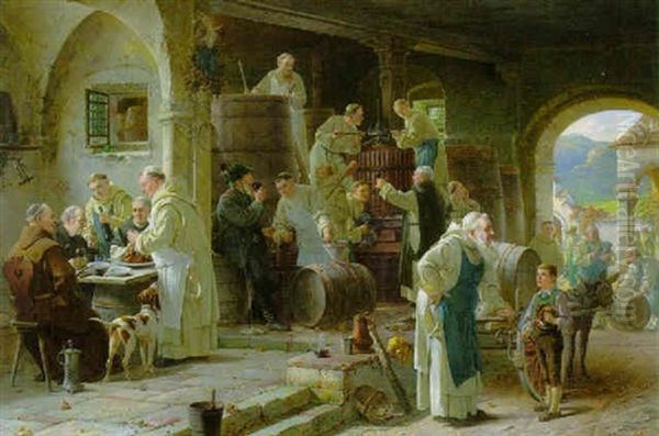 Neuer Wein Wird Im Sudtiroler Klostergewolbe Gekeltert Und In Fasser Gefullt Oil Painting by Adolf Humborg