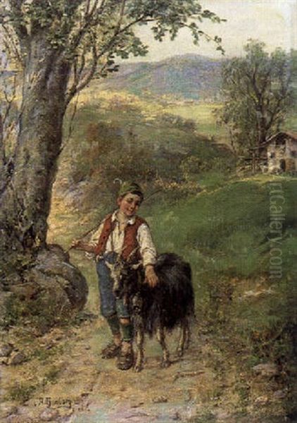 Huterbub Mit Ziege Auf Dem Feldweg Oil Painting by Adolf Humborg