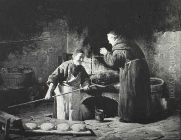 Depicting Two Monks In A Kitchen Roasting A Pig And Baking  Bread Oil Painting by Adolf Humborg