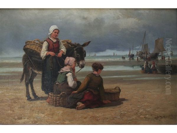 Fisherfolk On A Beach Oil Painting by Edith Hume