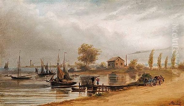 Untitled - Boats At Harbour (+ Untitled - The Settler's Home; 2 Works) Oil Painting by Joseph Julius Humme