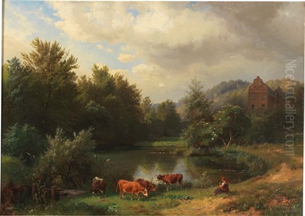 Summer Idyll By The Castle Pond Oil Painting by Carl Hummel