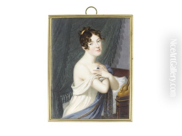 A Lady, Standing Before A Bed And Green Drapery, Holding Her White Chemise And Blue Embroidered Stole To Her Chest, A Gold Comb In Her Curled And Upswept Hair Oil Painting by Carl Hummel