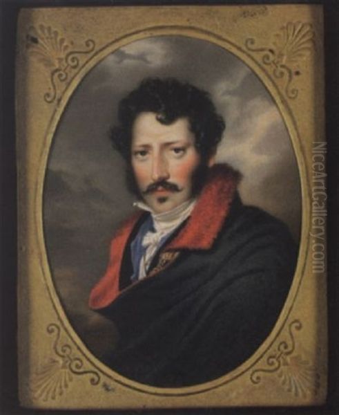 A Gentleman Wearing Blue Cape With Red Fur Trim, Held With A Gold Chain, Over Black Coat, Blue Waistcoat And Tied White Stock Oil Painting by Carl Hummel