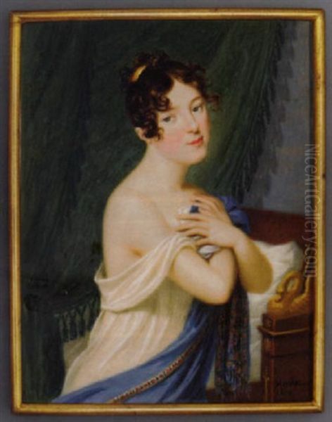 A Young Lady Holding Her Gauze White Dress And Light Blue Cashmere Stole With Crossed Hands To Her Breast, Gold Comb In Her Upswept And Curled Brown Hair Oil Painting by Carl Hummel