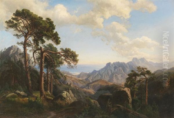 Aussicht Vom Col Di Sorba Bei Vivario Mit Pinien, Korsika Oil Painting by Carl Maria Nicolaus Hummel