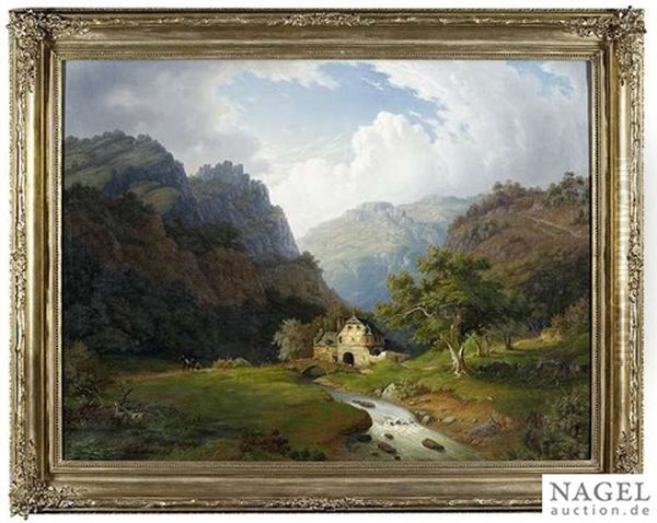 Valley Landscape With A Brook And A Mill Oil Painting by Carl Maria Nicolaus Hummel