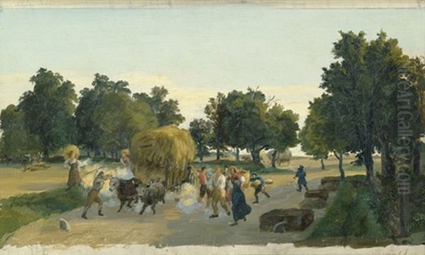 Die Ruckkehr Von Der Strohernte: Bauern Mit Fuhrwerk Auf Einem Von Baumen Gesaumten Feldweg Oil Painting by Carl Maria Nicolaus Hummel