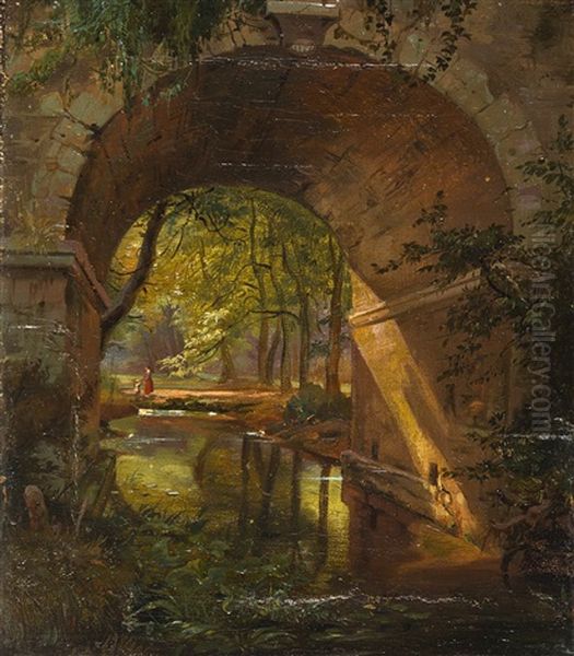 Blick Durch Einen Steinernen Bruckenbogen Im Wald Oil Painting by Carl Maria Nicolaus Hummel