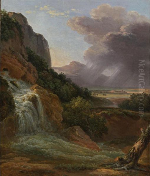 Landscape With Waterfall Oil Painting by Prosper Francois Barrigues De Fontainieu