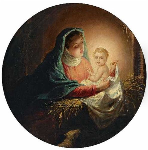 Maria Mit Dem Jesuskind Im Stall Oil Painting by Fritz Hummel