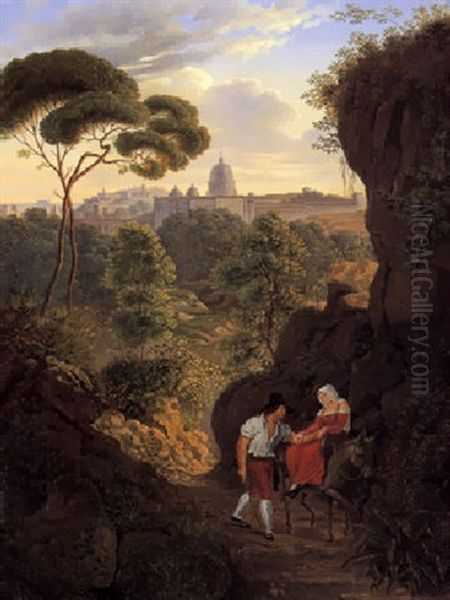 Wandernes Paar Auf Dem Monte Mario Mit Blick Auf Rom Und Die Kuppel Von St. Peter Oil Painting by Johann Erdmann Hummel