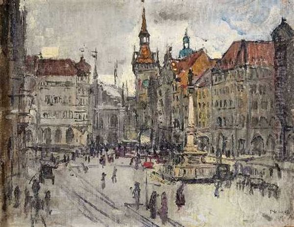 Der Marienplatz In Munchen Oil Painting by Theodor Hummel