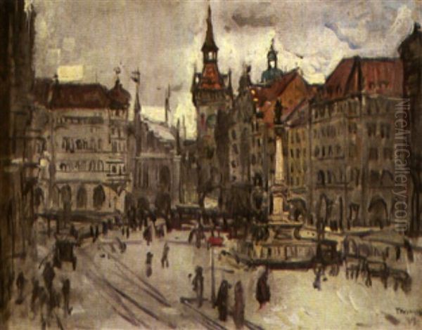 Der Marienplatz In Munchen Oil Painting by Theodor Hummel