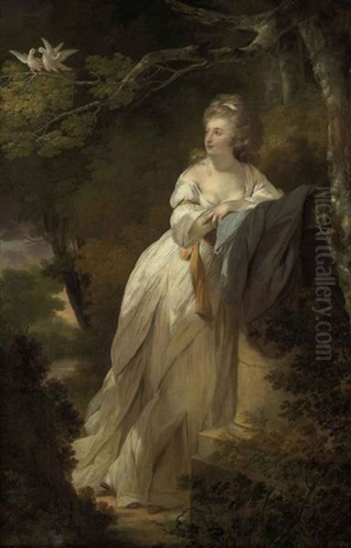 Portrait Of A Lady In A White Dress, Leaning On A Pedestal By A Tree With Two Doves Oil Painting by Ozias Humphry