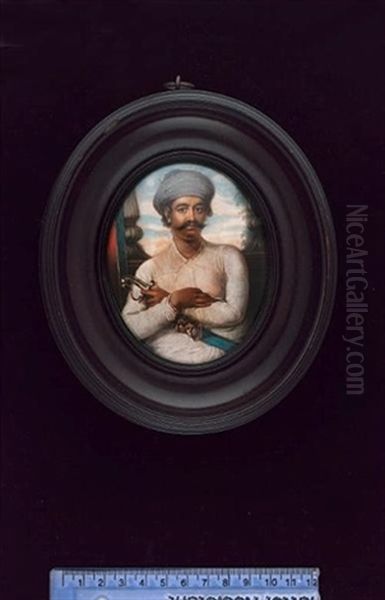 Prince Jawan Bakht The Shahzada, Seated, His Arms Folded Across His Sword, Wearing White Muslin Dress And Pale Blue Turban, The Background Of A Window And Pillars Oil Painting by Ozias Humphry