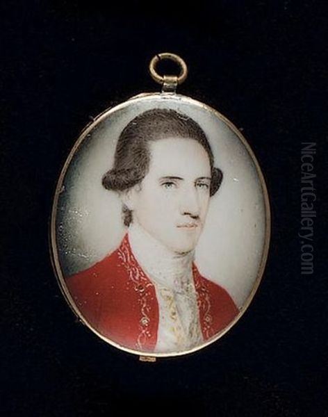 A Gentleman Wearing Red Coat With Gold Embroidered Border, Similarly Bordered White Waistcoat And Lace Cravat, His Natural Wig With Side-buckles Oil Painting by Ozias Humphry