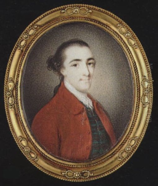 A Gentleman, His Natural Hair En Queue, Wearing Red Coat, Figured Green Waistcoat And White Lace Cravat Oil Painting by Ozias Humphry